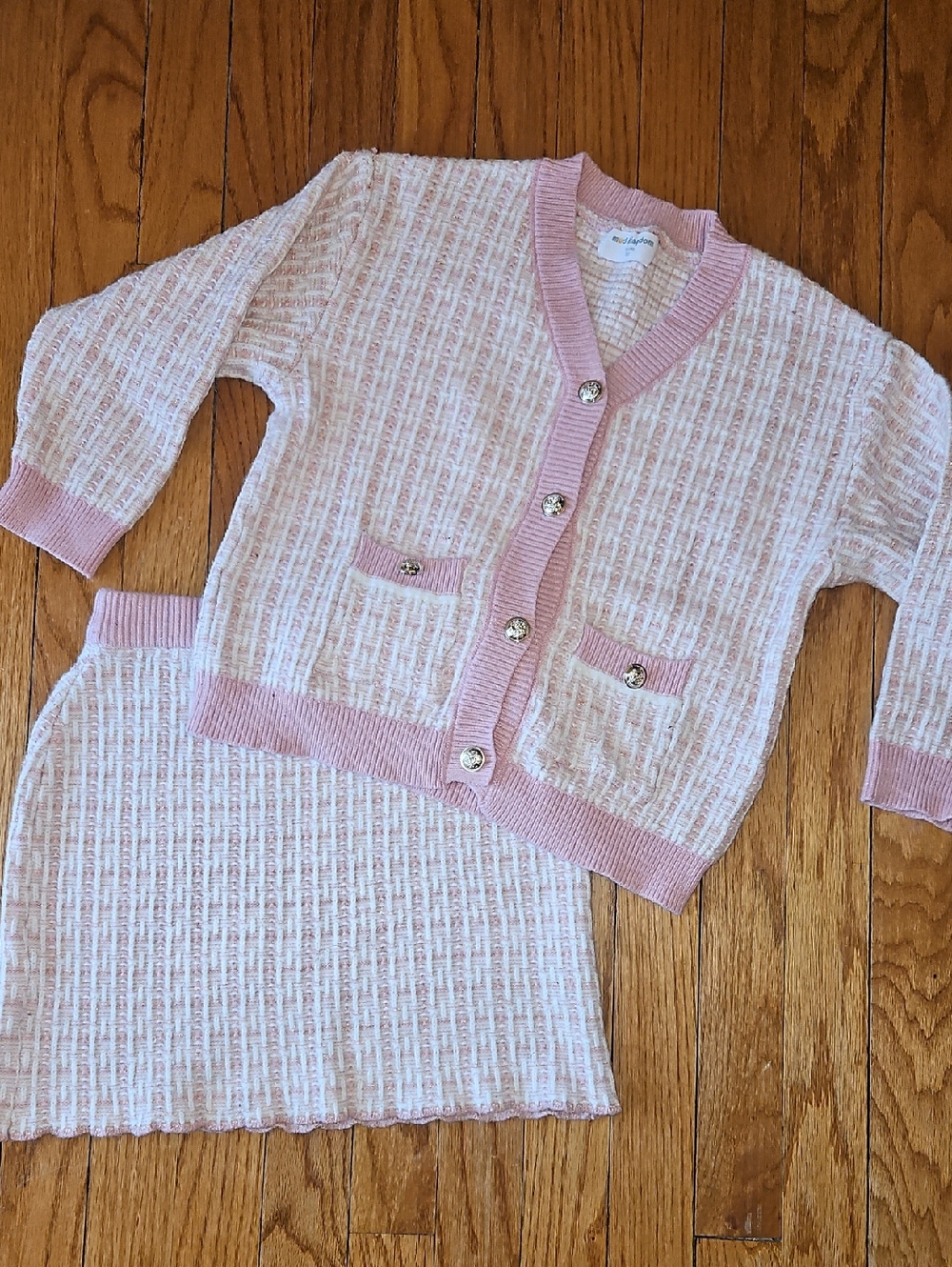 Girls Tweed Pink Knit Cardigan & Skirt Matching Set - Adorable!!!